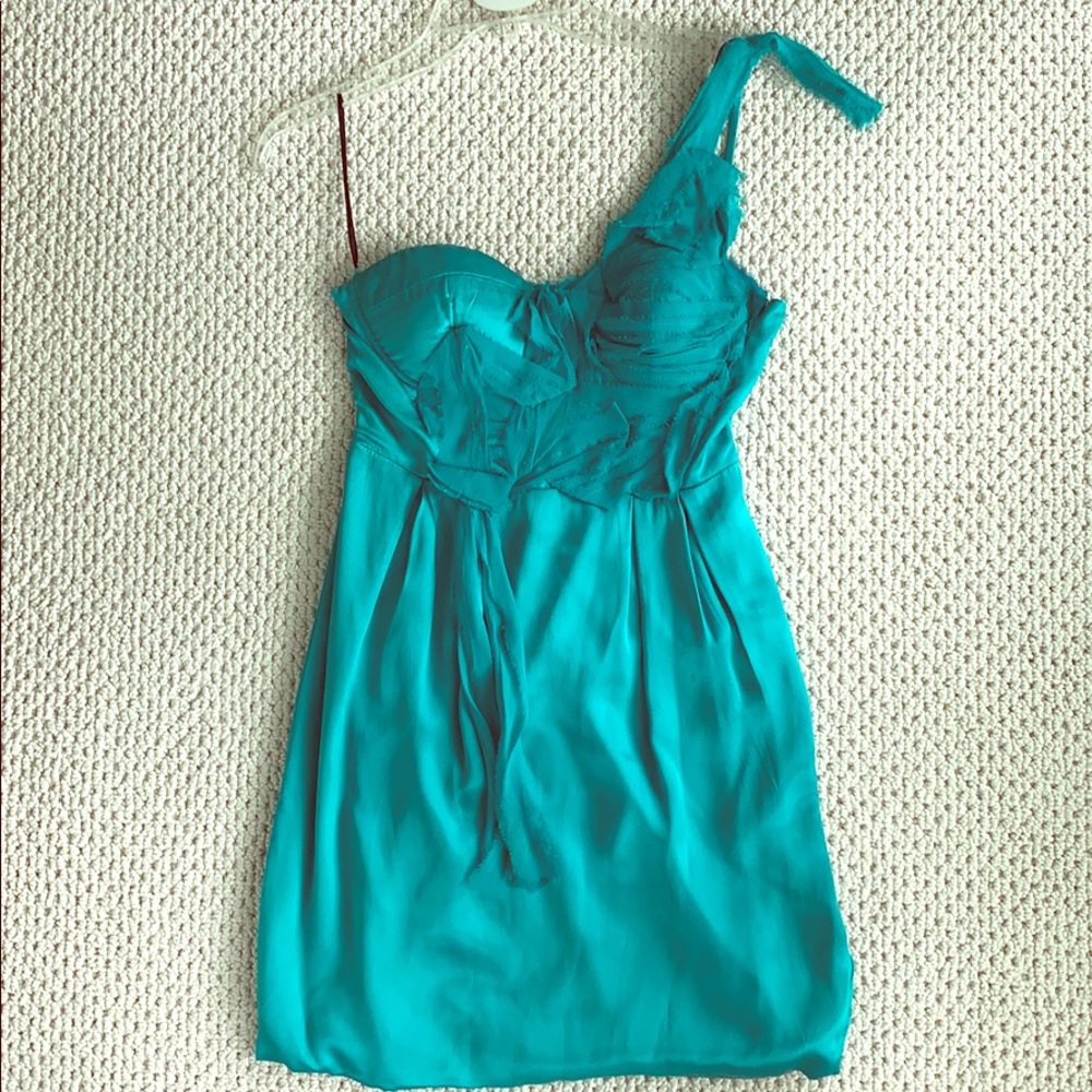 Teal cocktail dress. One shoulder. Size S